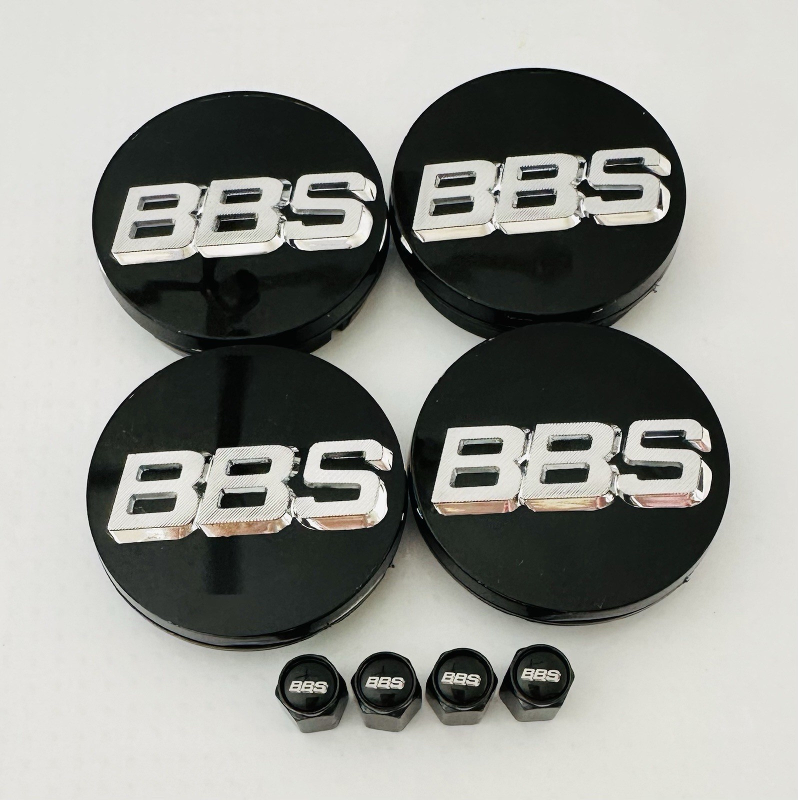 4pc 3D Silver Black BBS 56mm Center Caps 56.24.012 & 4pc Black Valve Caps 4pc 3D Silver Black BBS 56mm Center Caps 56.24.012 & 4pc Black Valve Caps