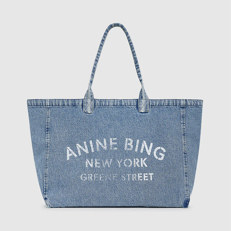 Anine Bing Washed Denim Tote - Blue Cotton Canvas with Leather Trim & Logo