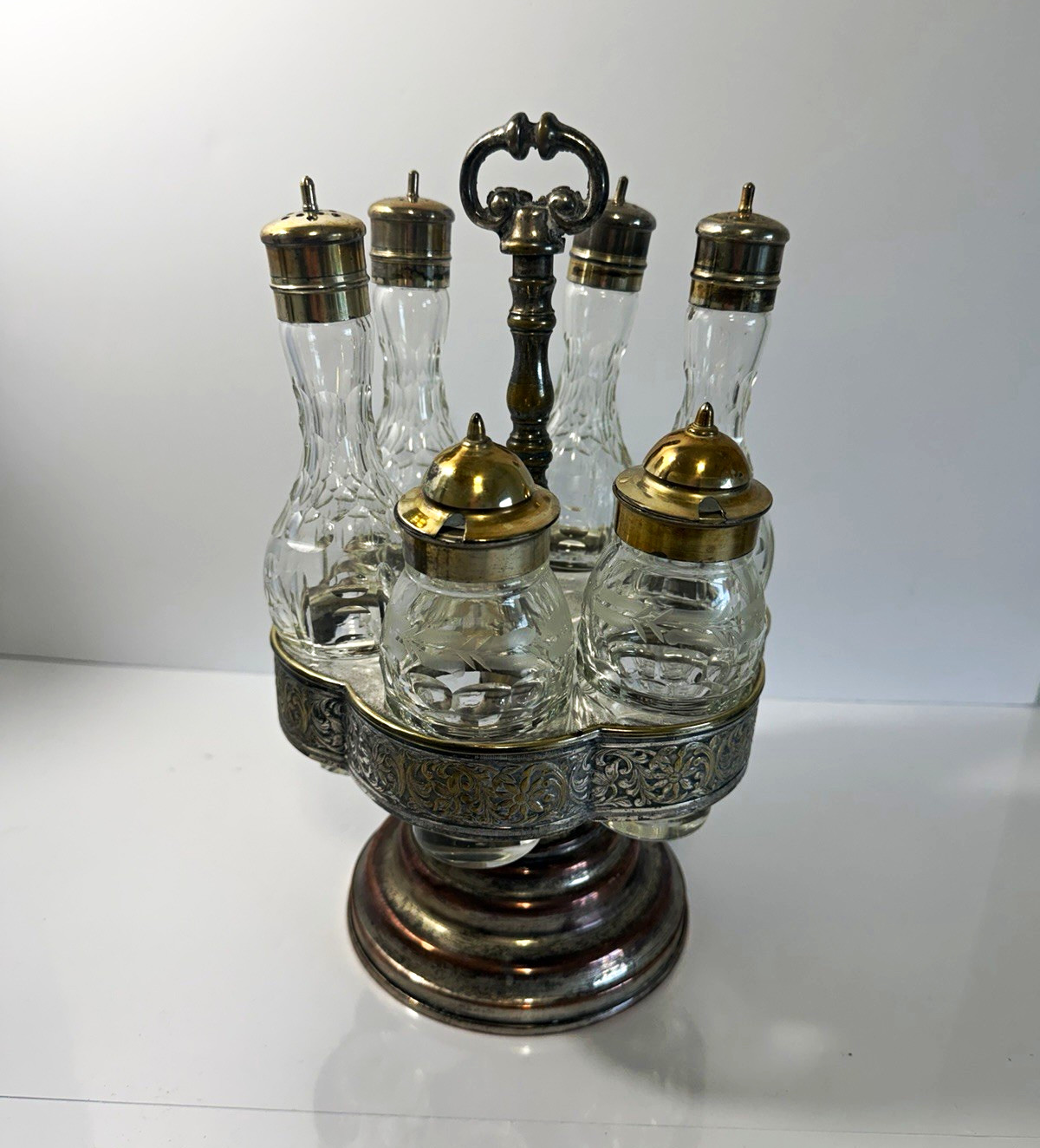 Antique 19thC FRAGET WARSZAWA Silver Plated Cruet Set 6 Glass Bottles 1800’s