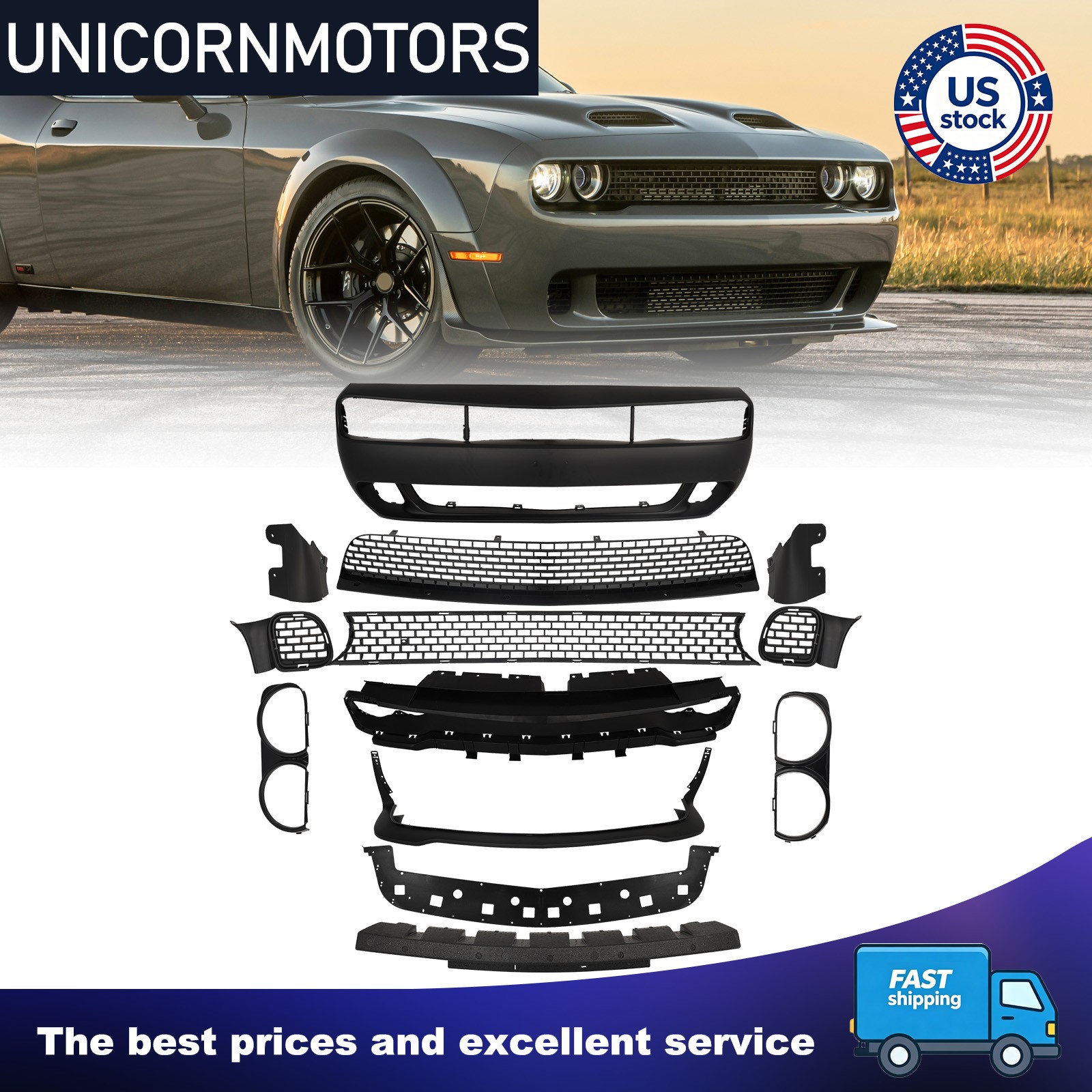Fit 2015-2023 Dodge Challenger Full Front Bumper Cover Grille Lip Hellcat Style