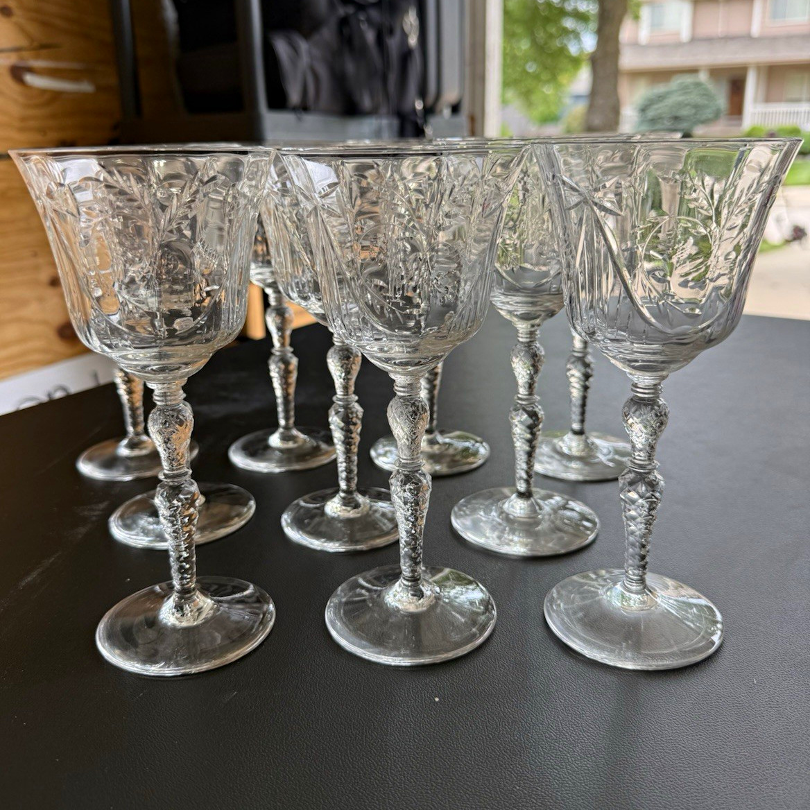 Set of 10 Vintage Cut Crystal Wine Goblets, Ribbon Bow Etched Pattern Set of 10 Vintage Cut Crystal Wine Goblets, Ribbon Bow Etched Pattern