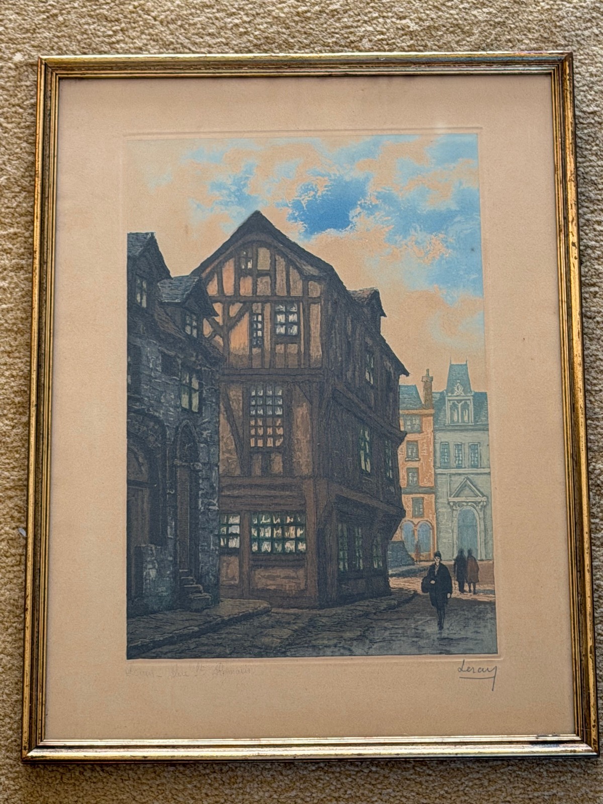 Antique Jules Leray Hand Colored Etching Rouen \