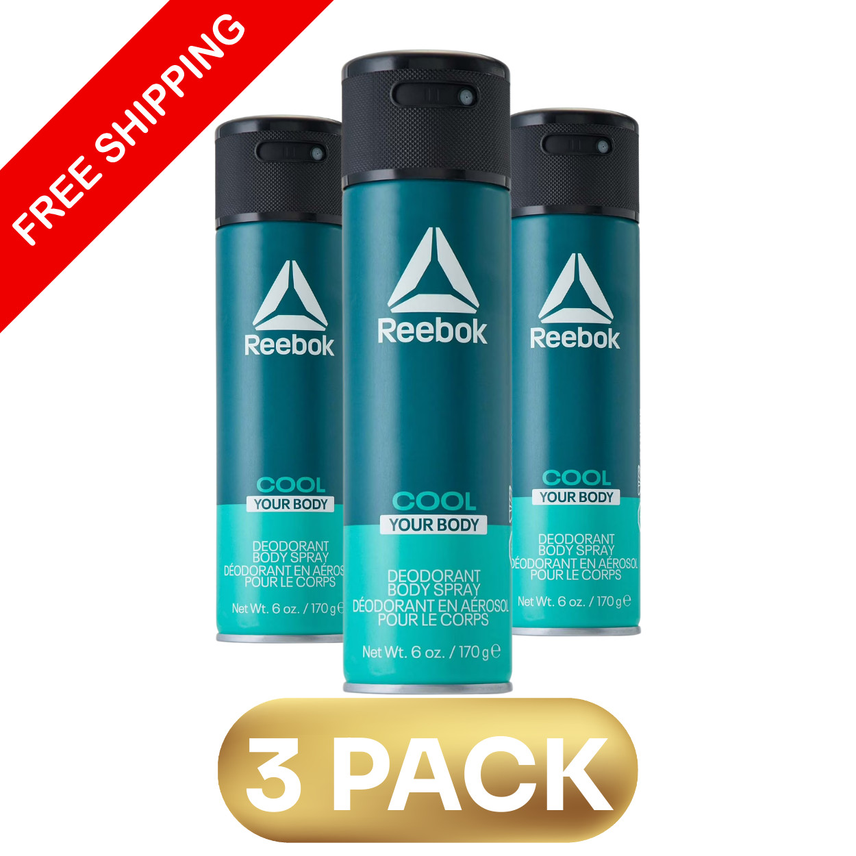 Reebok Cool Your Body Deodorant Body Spray 3 Pack 6oz Men Fresh Scent