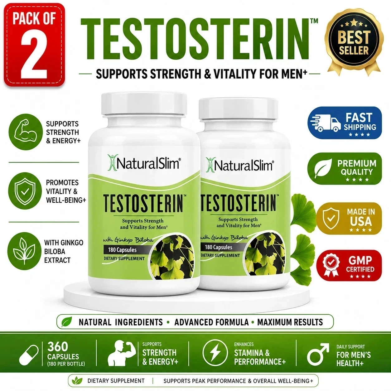2 Pack NaturalSlim Testosterin Men's Multivitamins Testosterone Booster 180 Caps
