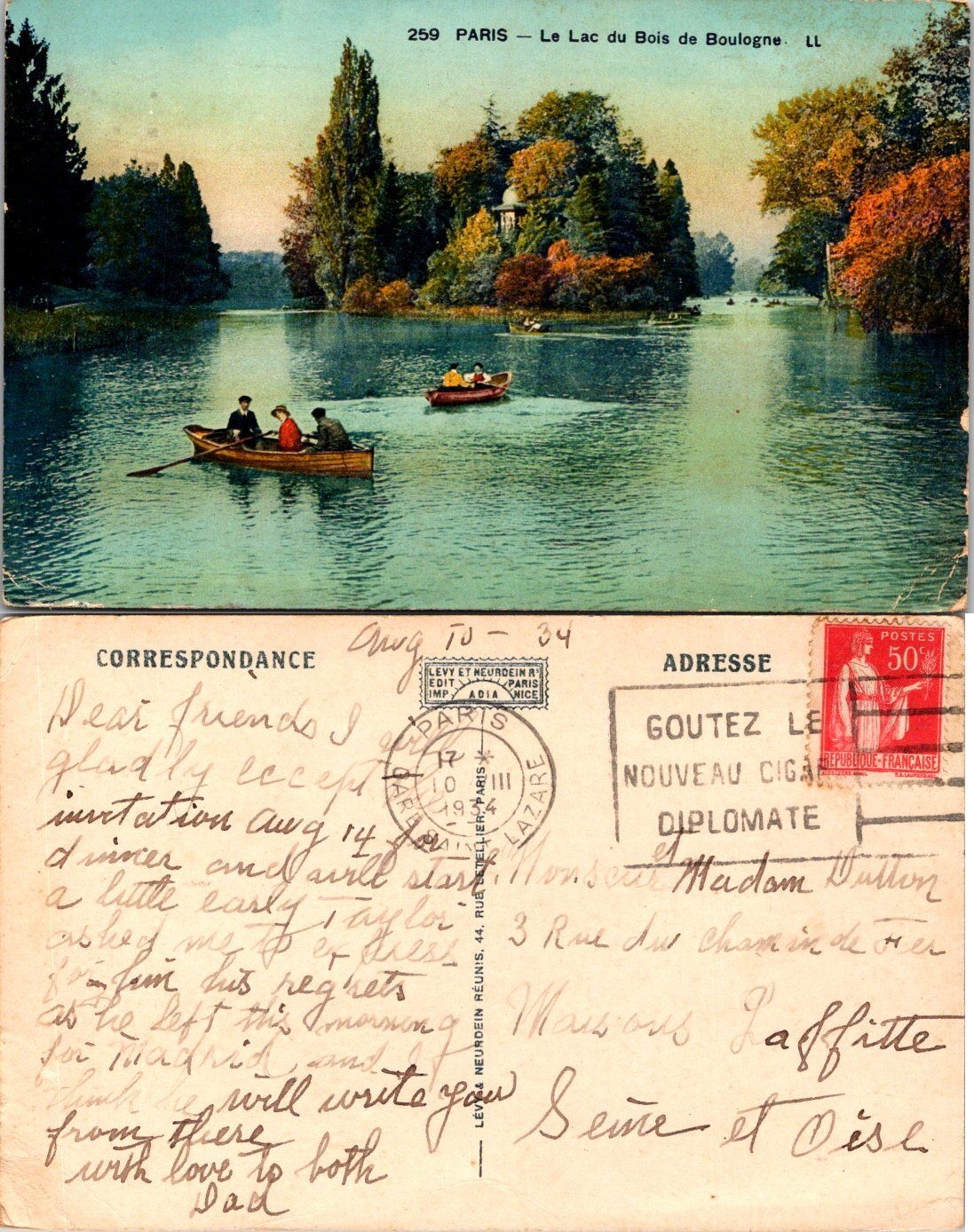 Vintage Paris Postcard Le Lac du Bois de Boulogne 259 Handwritten Stamp 50c