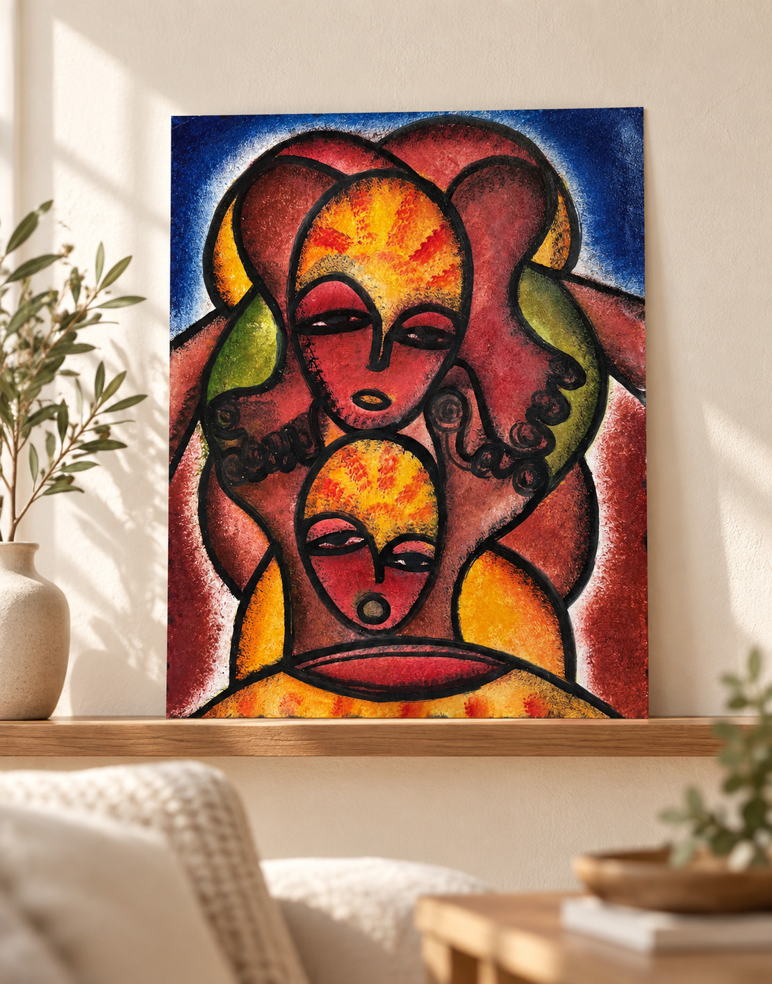 Signed Figurative Artwork Two Faces Abstract Portrait 30 x 40 cm Unframed