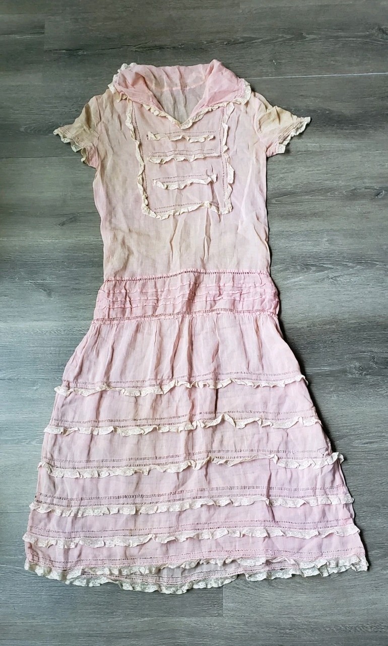 VTG 20s Pink Flapper Dress Drop Waist Sz XXS? Study Upcycle Craft STAINS DAMAGE
