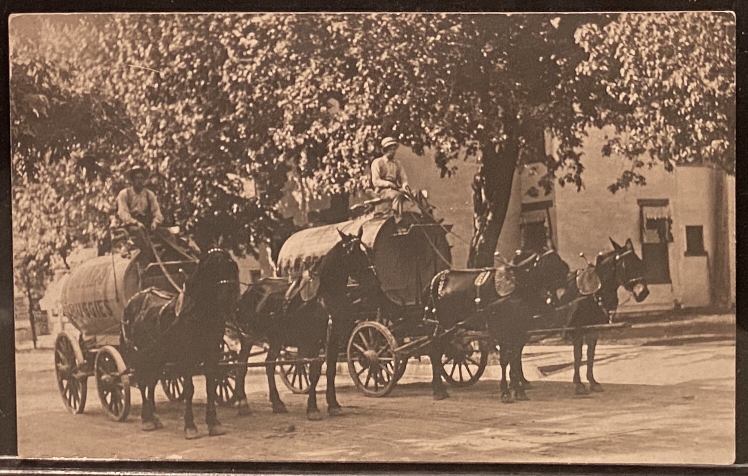 Real Photo 2 Horse Drawn Delivery Wagons~Oil Tank & Wood Barrel RPPC Postcard Real Photo 2 Horse Drawn Delivery Wagons~Oil Tank & Wood Barrel RPPC Postcard