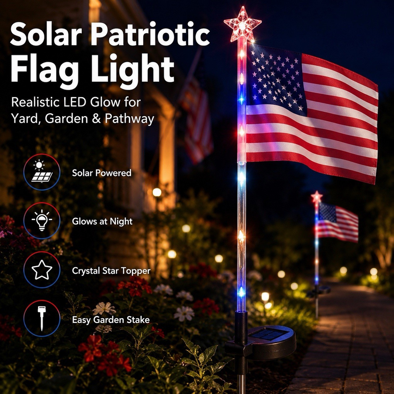 6PCS(1Pack) Solar LED Patriotic Flag Pathway Light w/ Crystal Star Topper.