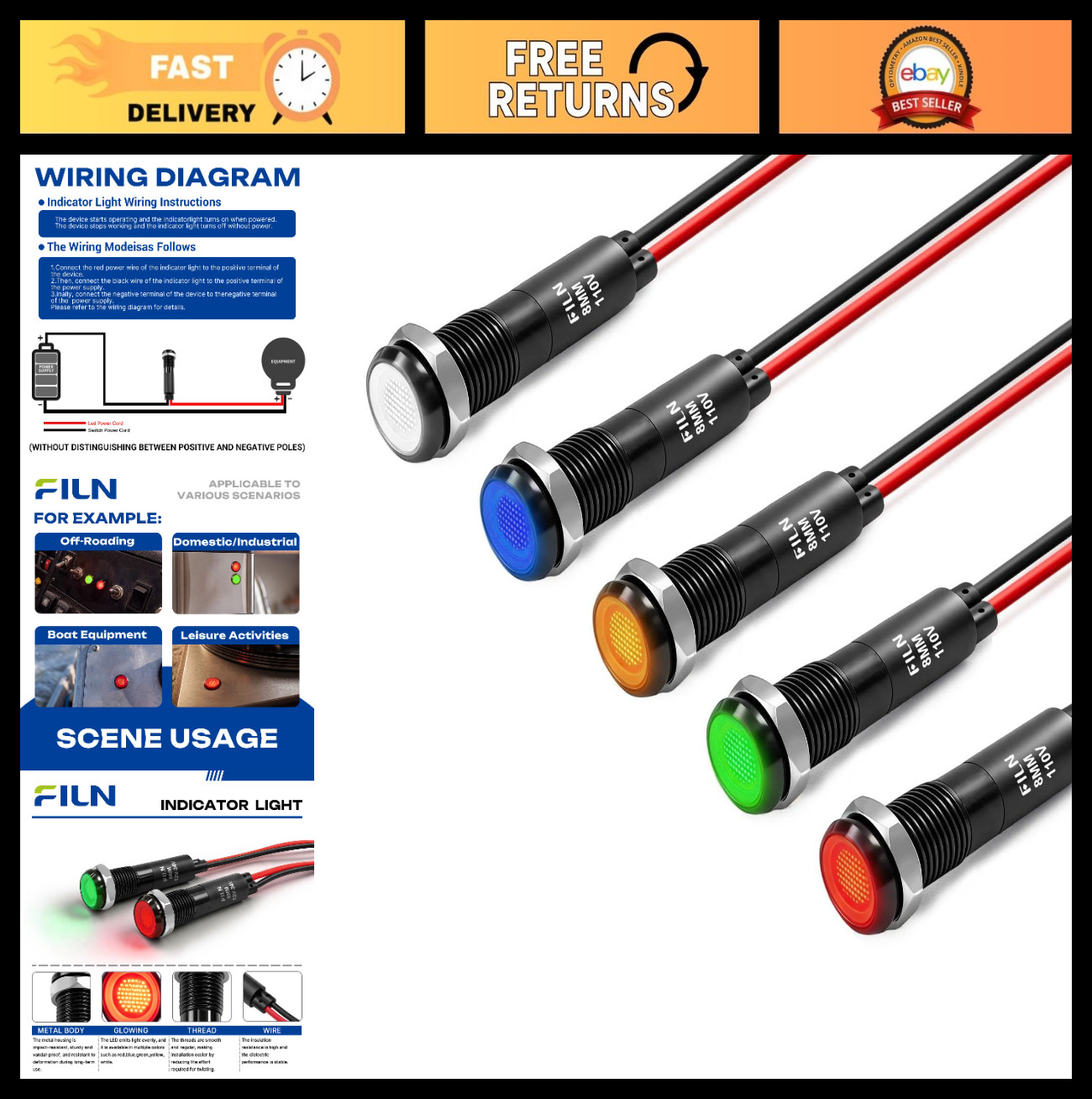 5PCS 8mm LED Metal Indicator Light 110V 120V 125V Waterproof IP67 - Bright Signa