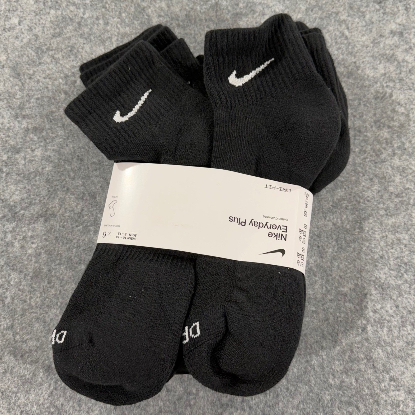 Nike Everyday Plus Quarter Ankle Socks 6 Pair Black Dri-FIT Large M 8-12