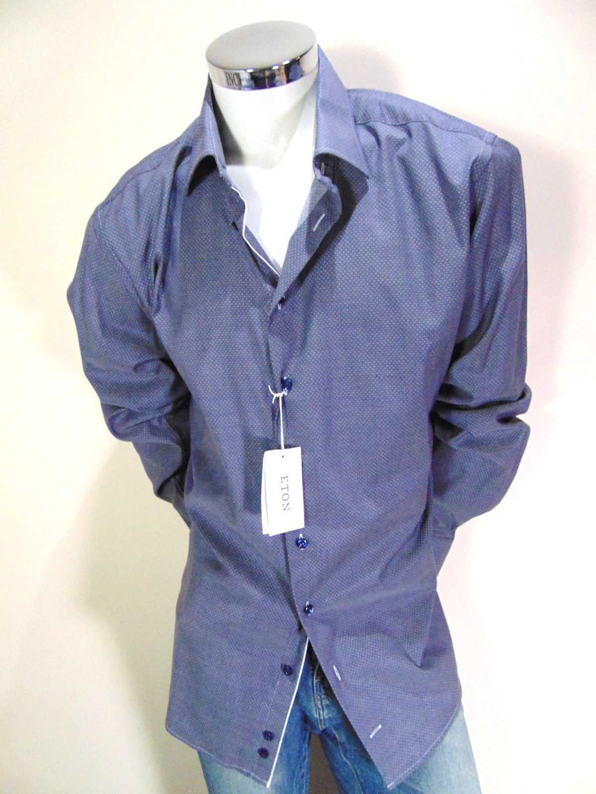 Eton Dress Shirt Men 18.5 / 47 Gray 3XL PolkaDot Cotton Contemporary Button Down