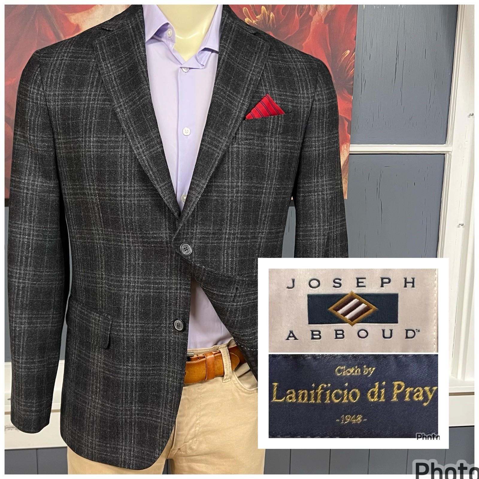 Joseph Abboud Blazer Sport Coat Mens 40R Modern Fit Wool Flannel Gray/Black