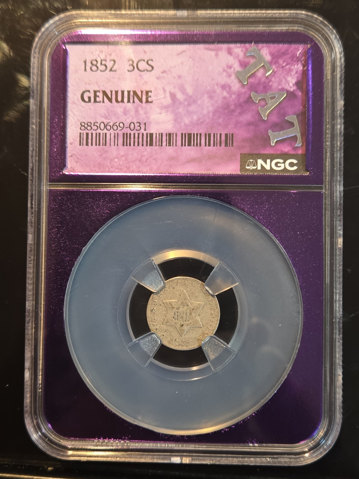 1852 3CS Three Cent Silver Coin NGC Genuine In A TB Purple TAT Banger Core 