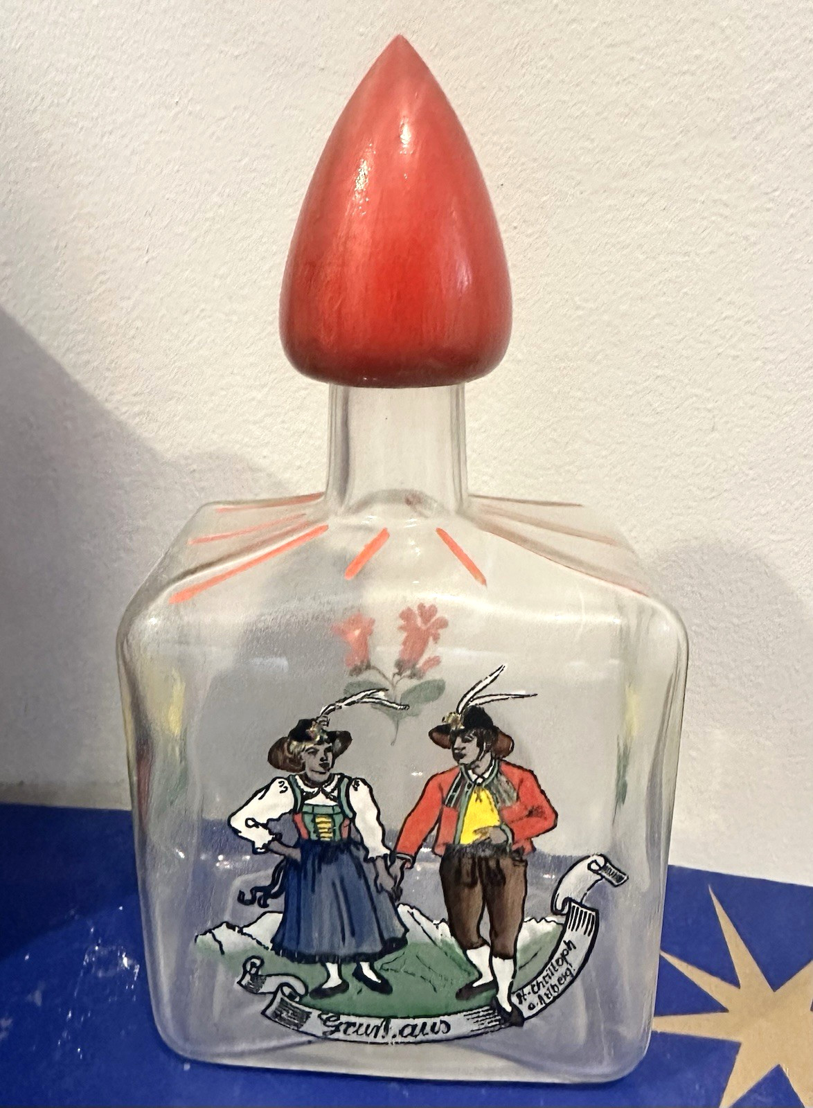 VTG Hand-Painted German Gruss aus Decanter Bavarian Alpine Couple Red Stopper
