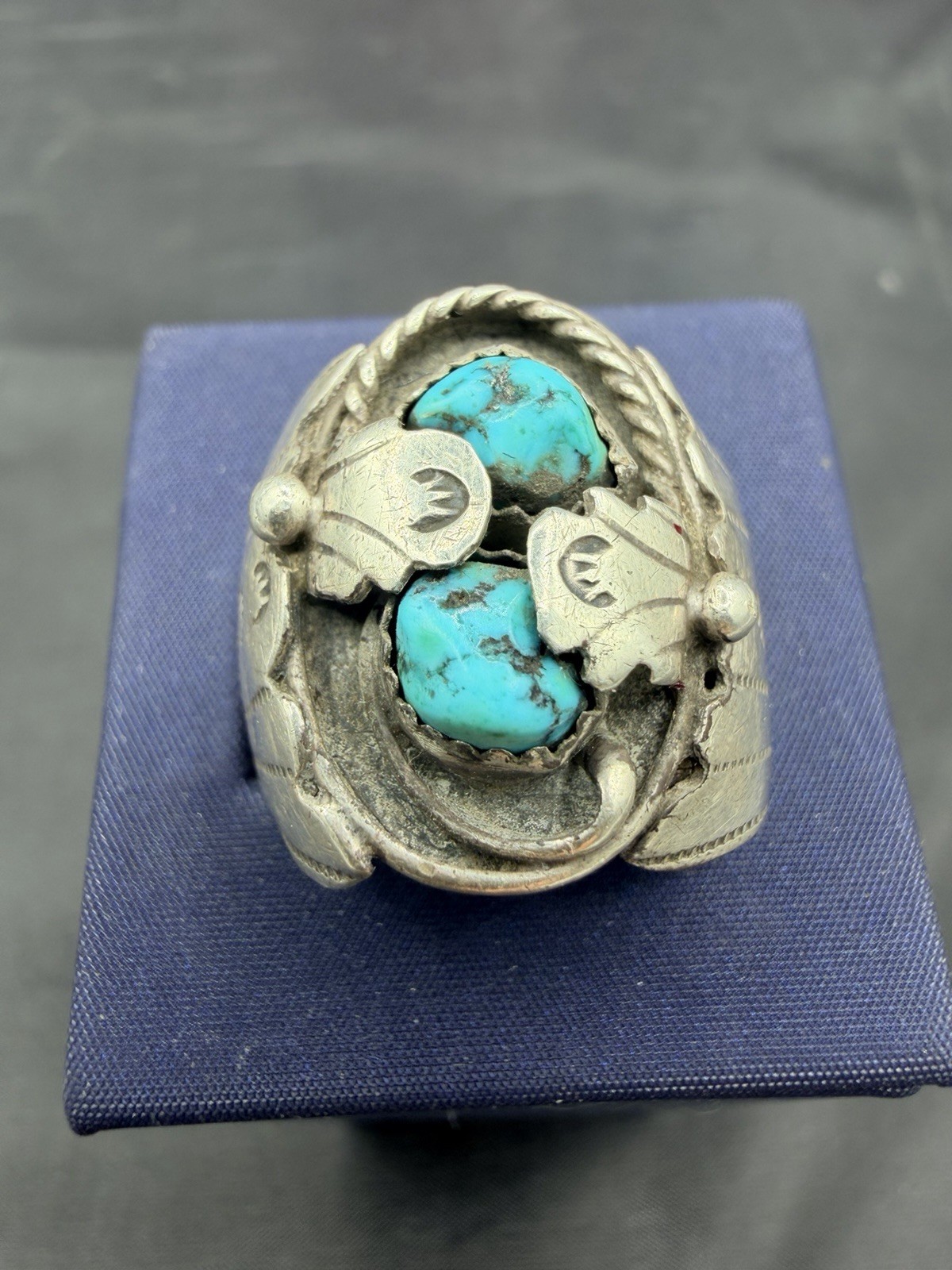 Vintage Navajo Two Stone Turquoise Ring Sterling Silver Signed Hallmark L 14g Vintage Navajo Two Stone Turquoise Ring Sterling Silver Signed Hallmark L 14g
