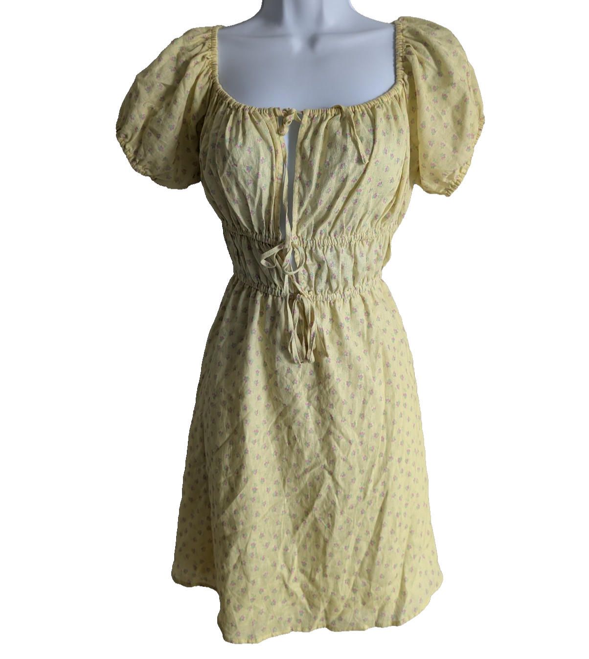 Wayf Mini Dress Womens Medium Linen Cottage Milkmaid Coquette Yellow Floral