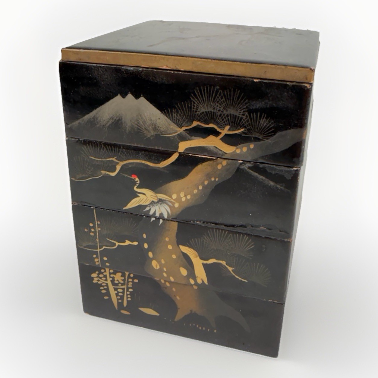 Antique Japanese Gold Gilt Makie Five Piece Box Jubako Pine Tree Crane & Mt Fuji Antique Japanese Gold Gilt Makie Five Piece Box Jubako Pine Tree Crane & Mt Fuji