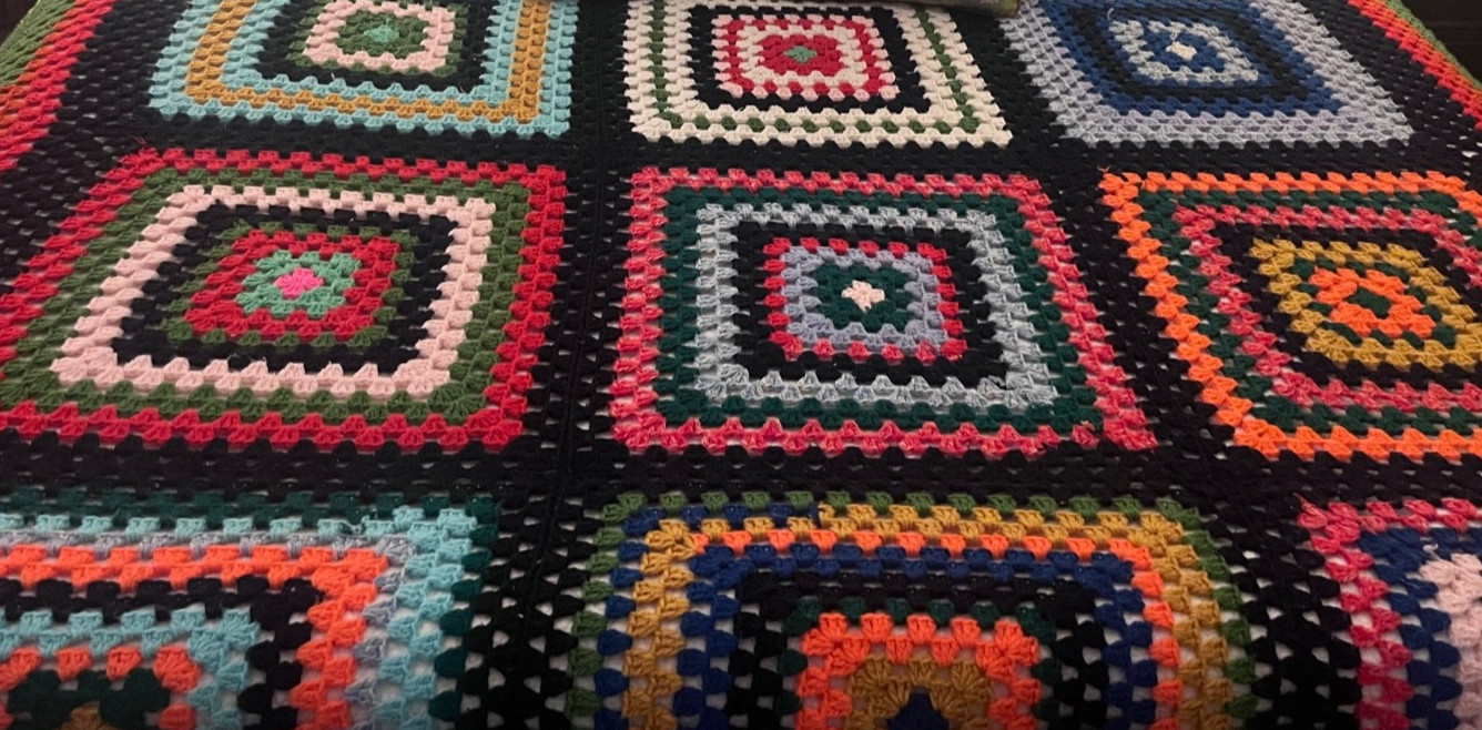 King Crochet Handmade Bedspread Black Multi-Color HUGE Granny Square King Crochet Handmade Bedspread Black Multi-Color HUGE Granny Square