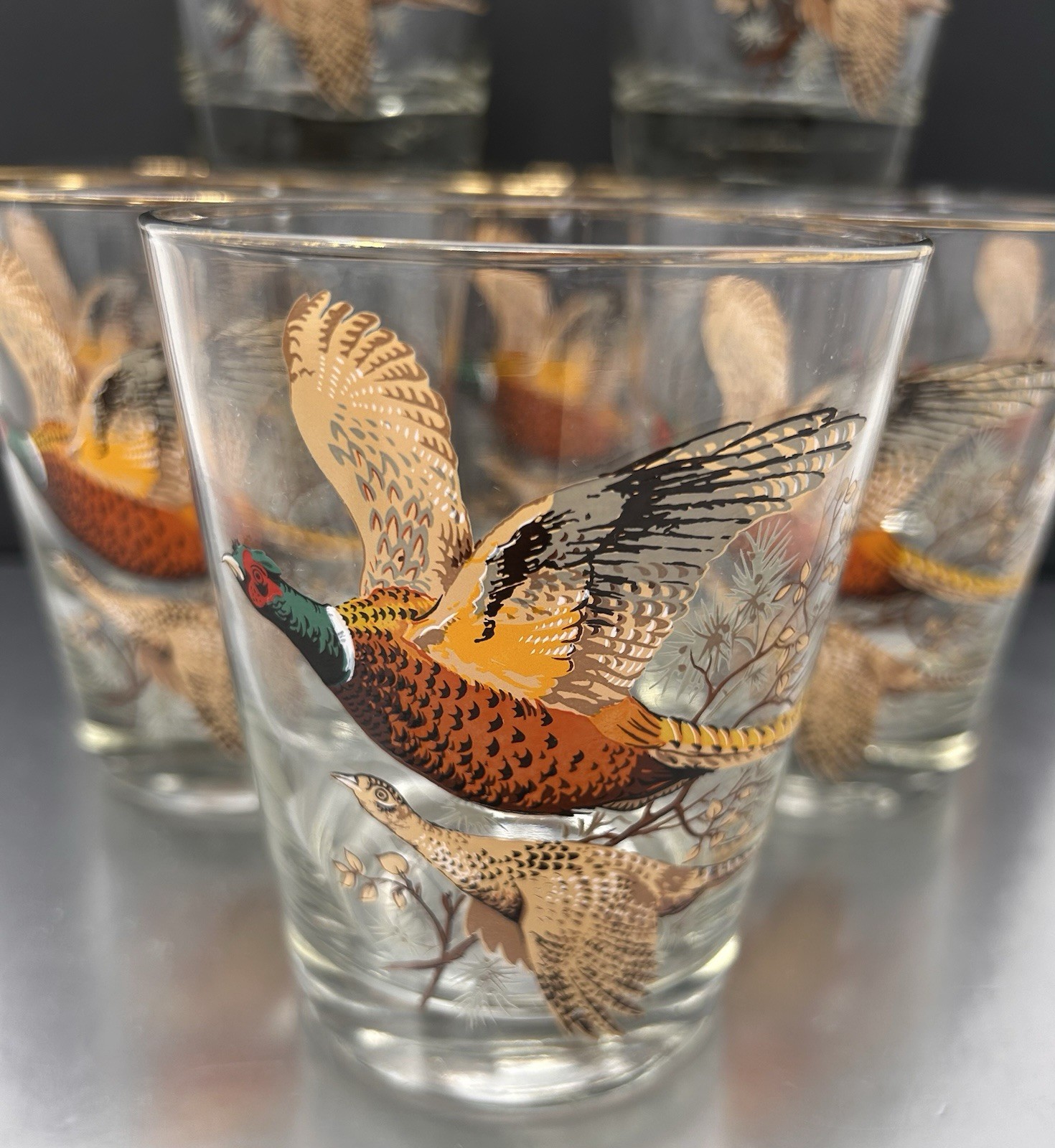 VTG COOL MCM Barware Set 8 4.5” Tall Pheasants Cocktail Whiskey Glasses Barware 