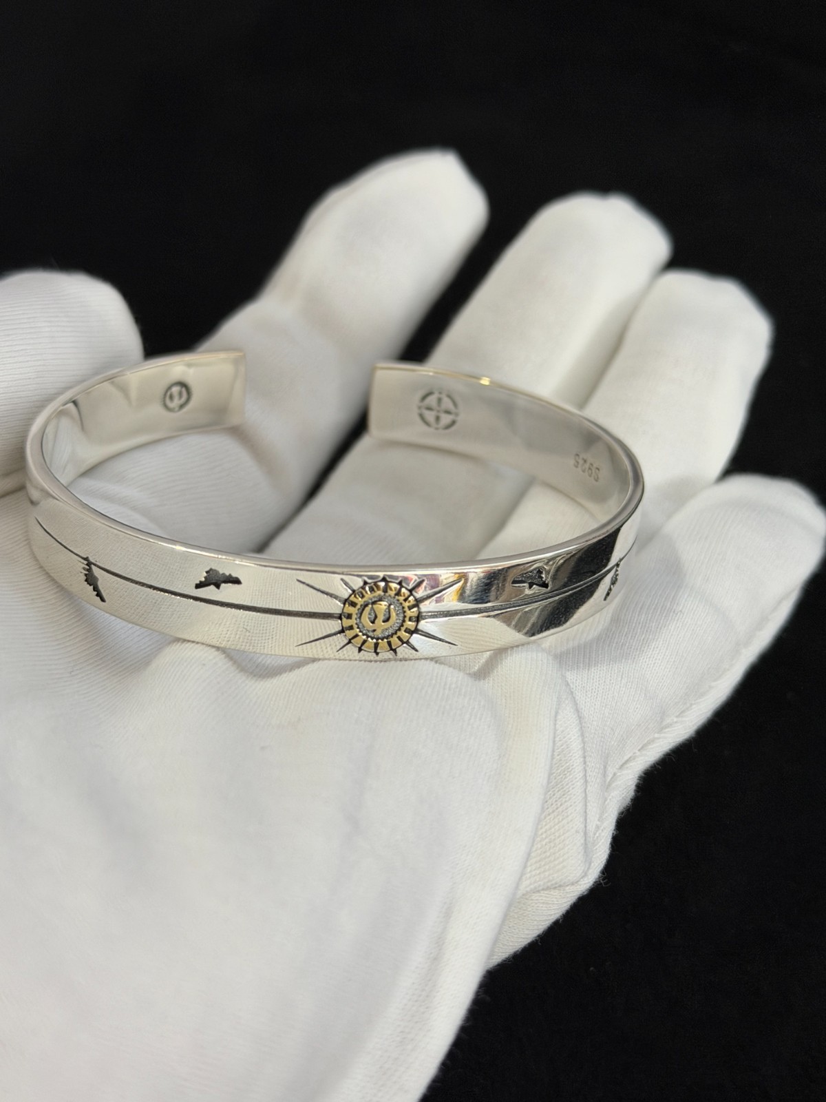 Goro's Punk Rock Open Cuff Bracelet Sun Totem Gold Inlay Polished Silver Unisex 