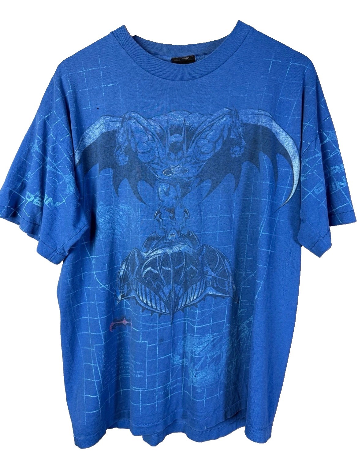 Vtg 1997 Batman All Over Print T Shirt XL Batmobile Blue Comic Grid AOP EUC