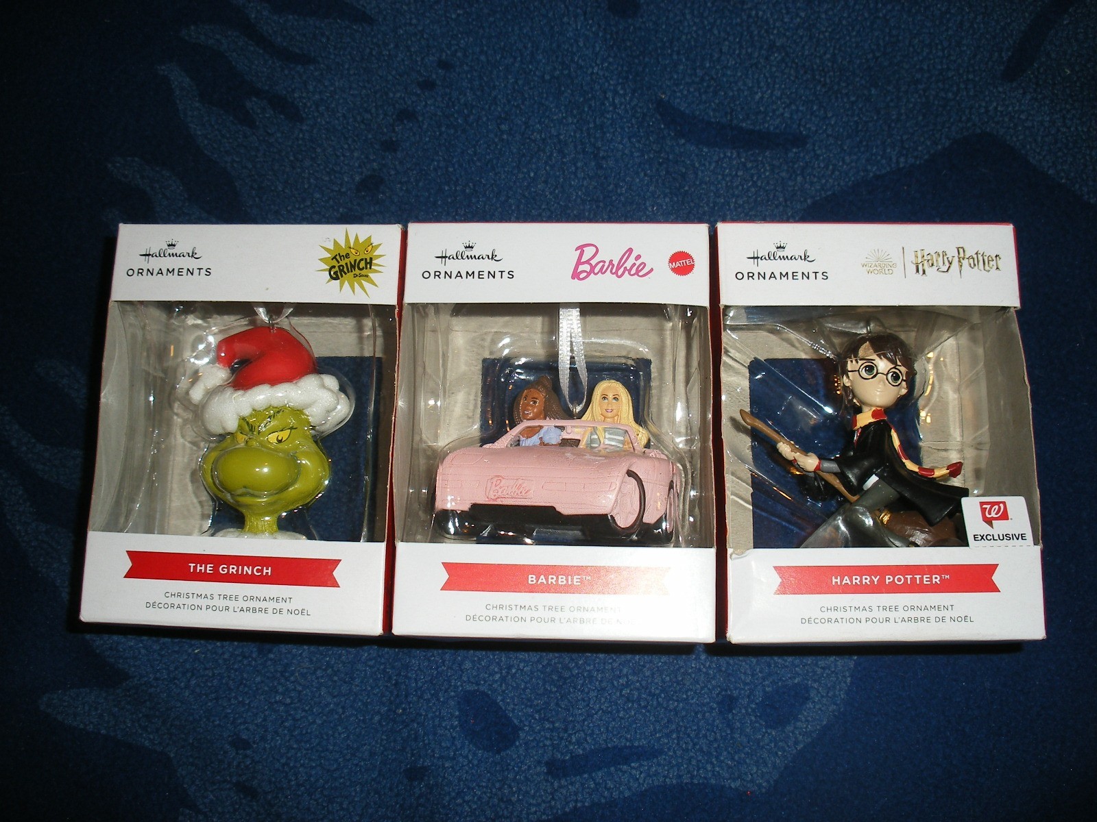 LOT OF 3 HALLMARK CHRISTMAS ORNAMANTS GRINCH BARBIE HARRY POTTER WALGREENS