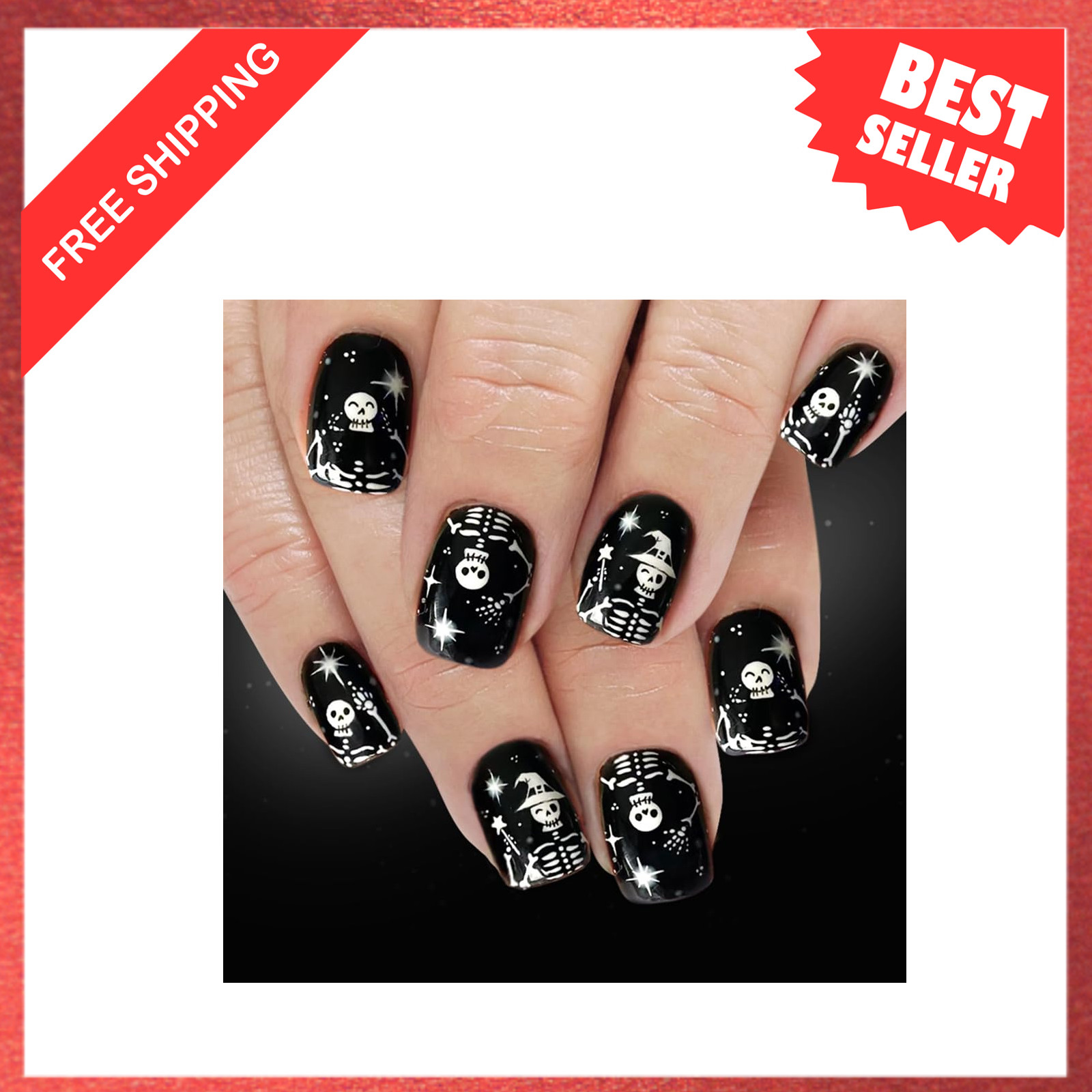 Halloween Press On Nails Short Square Black White Skull Fake Nails Glossy Halloween Press On Nails Short Square Black White Skull Fake Nails Glossy