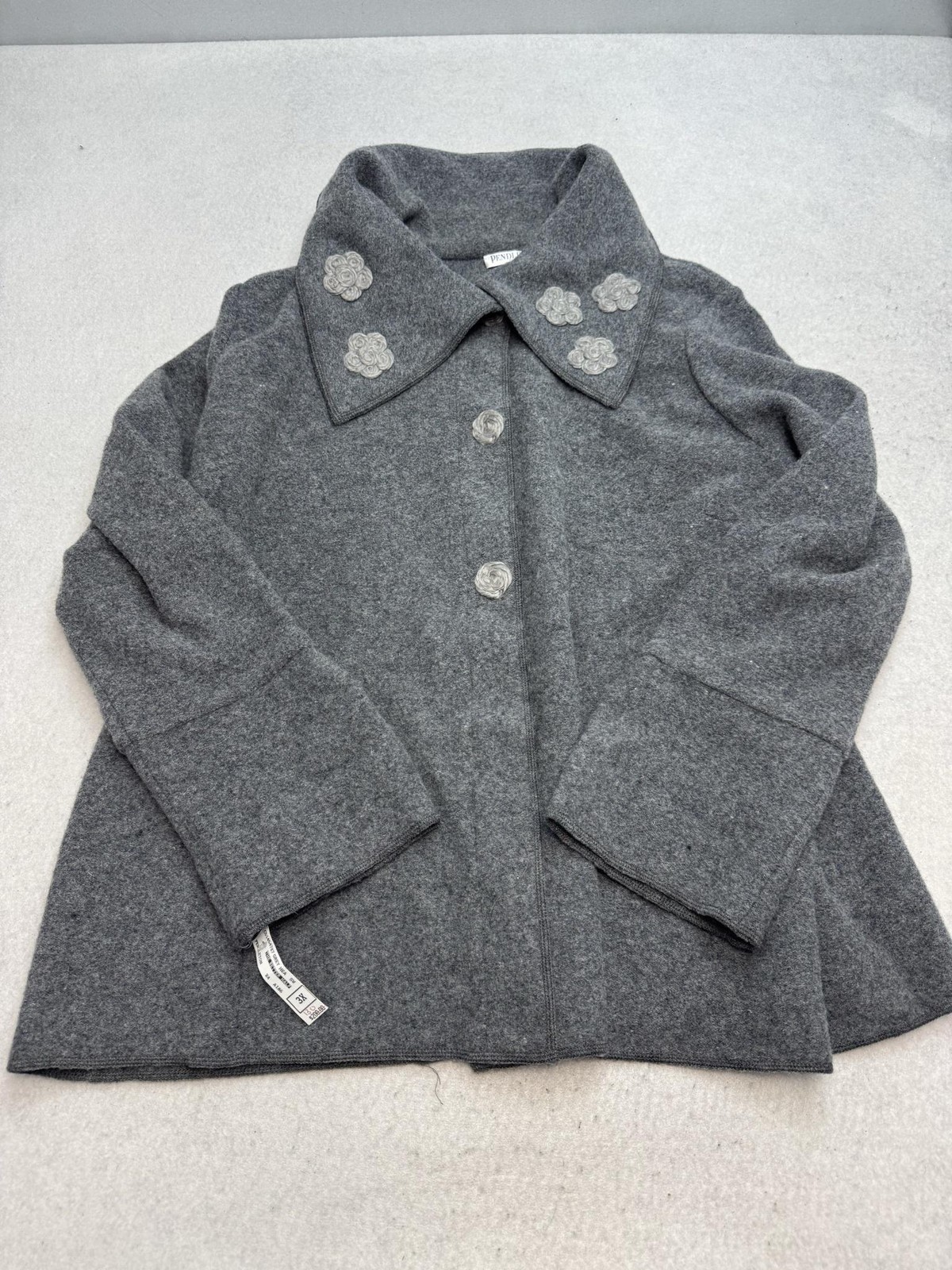 Pendleton Plus Pea Coat Womens 3X Gray Lambswool Snap Front Floral Collar
