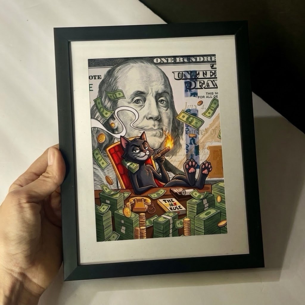 Funny Cat Smoking Cigar on Money Art Print 7\