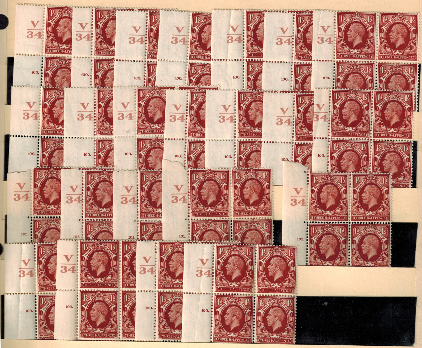 Great Britain 1934 KGV 3 1/2d Red Brown 22 V/34 Cylinder Control Blocks of 4Mint