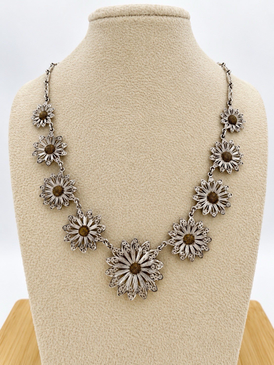 Vintage Sterling Silver 925 Filigree Flower Link Bib Necklace Southwester 19.6g