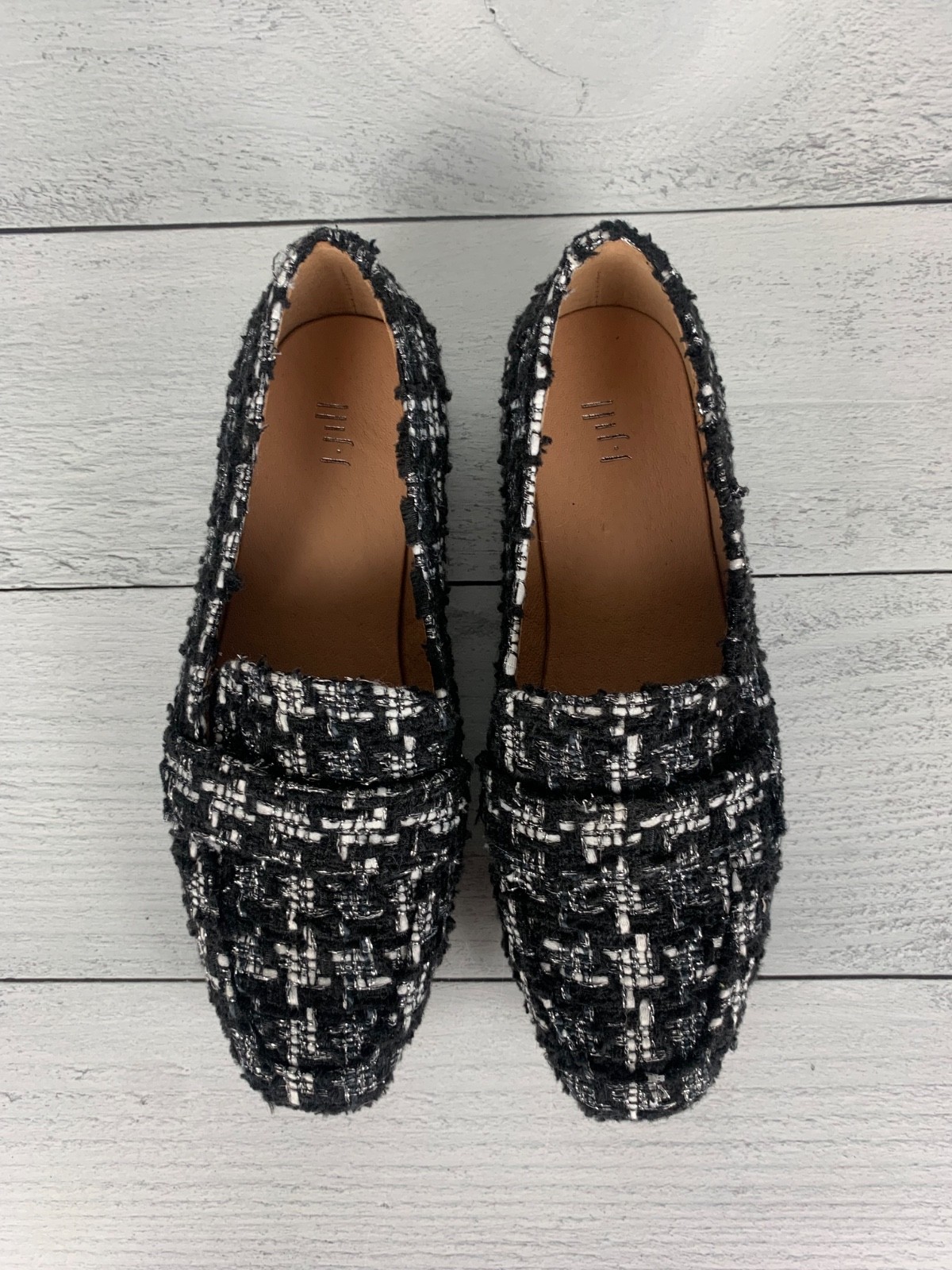 J.Jill Women\'s Size 7 Black White Plaid Tweed Casual Slip On Flats Loafers Shoes