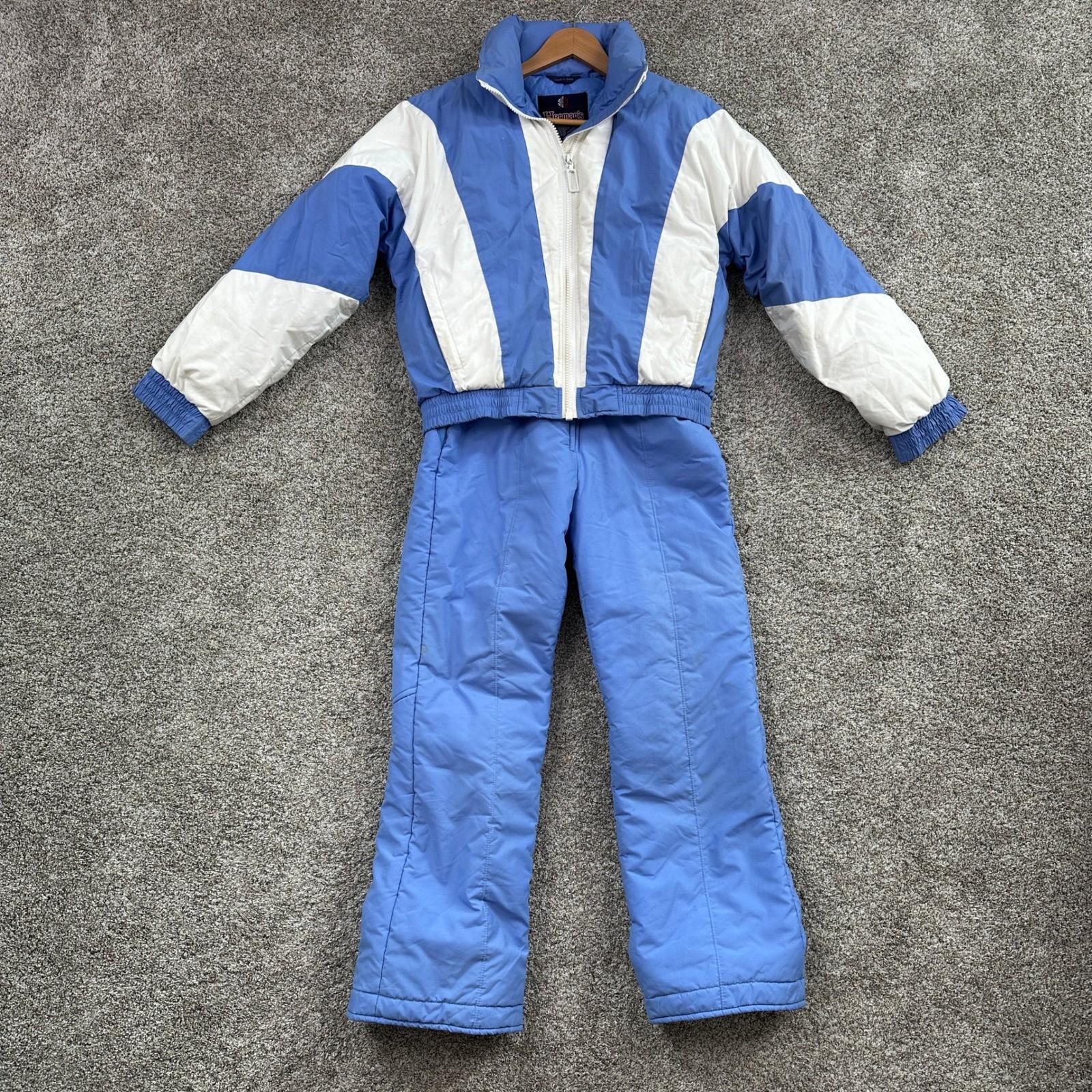 Vintage Herman\'s Ski Suit Women M Blue White Goose Down Puffer Jacket
