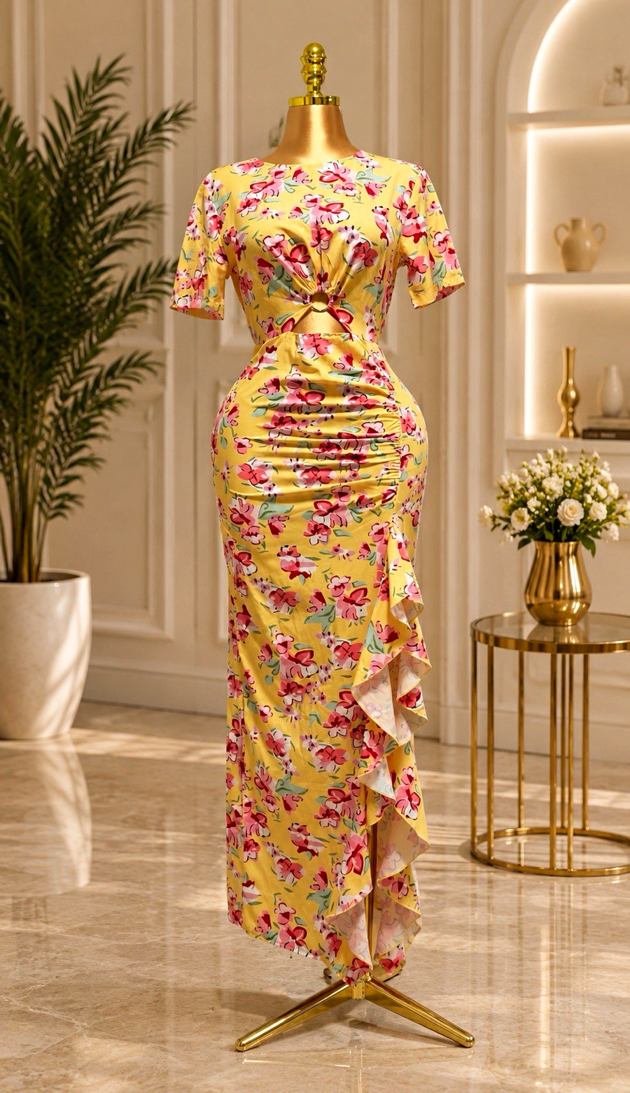 B_LuxeFashion Women’s Yellow Floral Maxi Dress L Cutout Side Slit