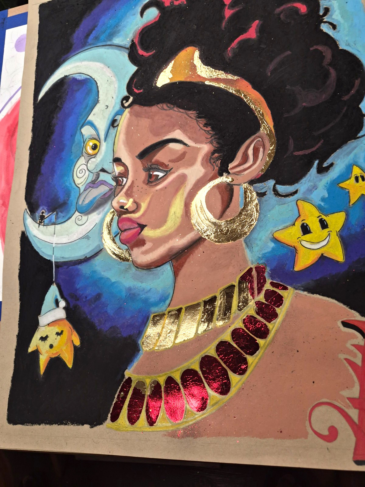 Moon Girl, Oil Pastel And Gold Leaf On  Paper. 18in x24in