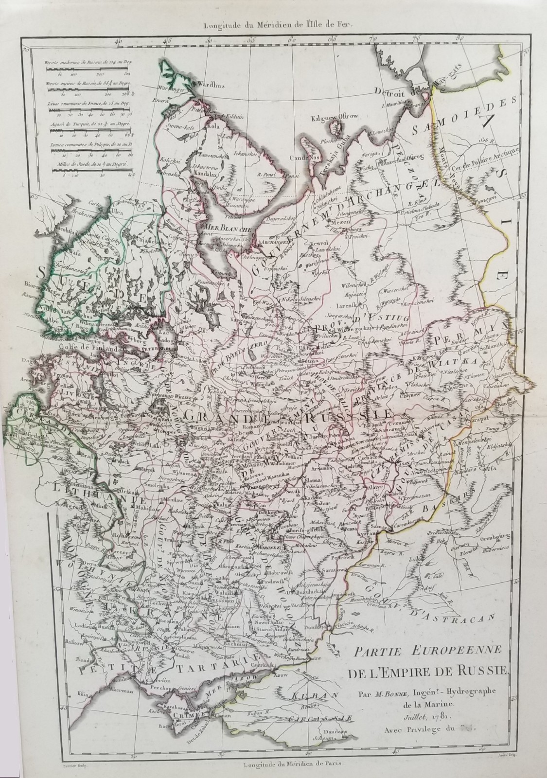 European Russia 1781 Rigobert Bonne Original Hand Colored Antique Map Matted