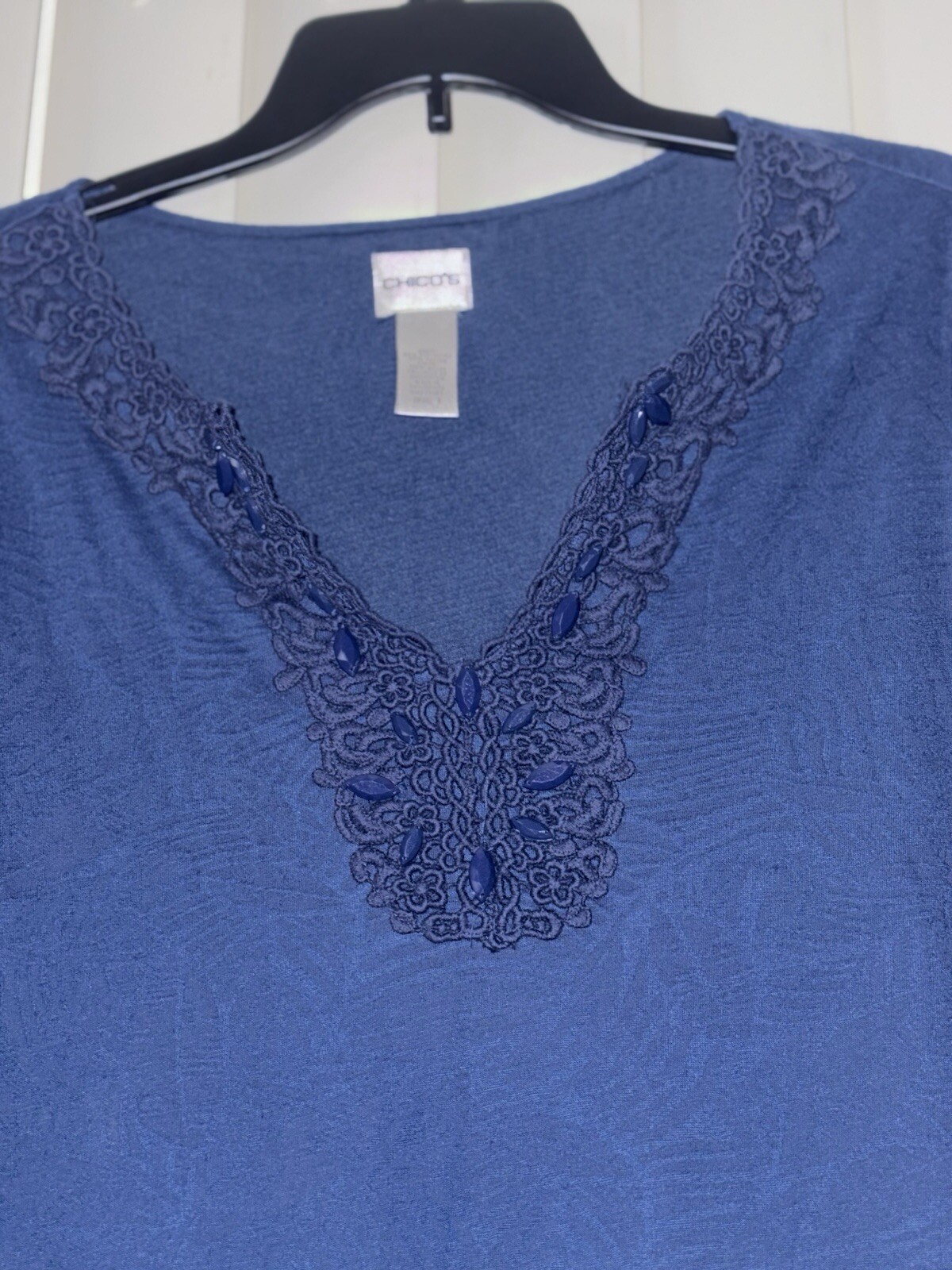Chicos 3/4 Sleeve Embroidered T-Shirt Top Blouse Chico 1 = Size L  Blue