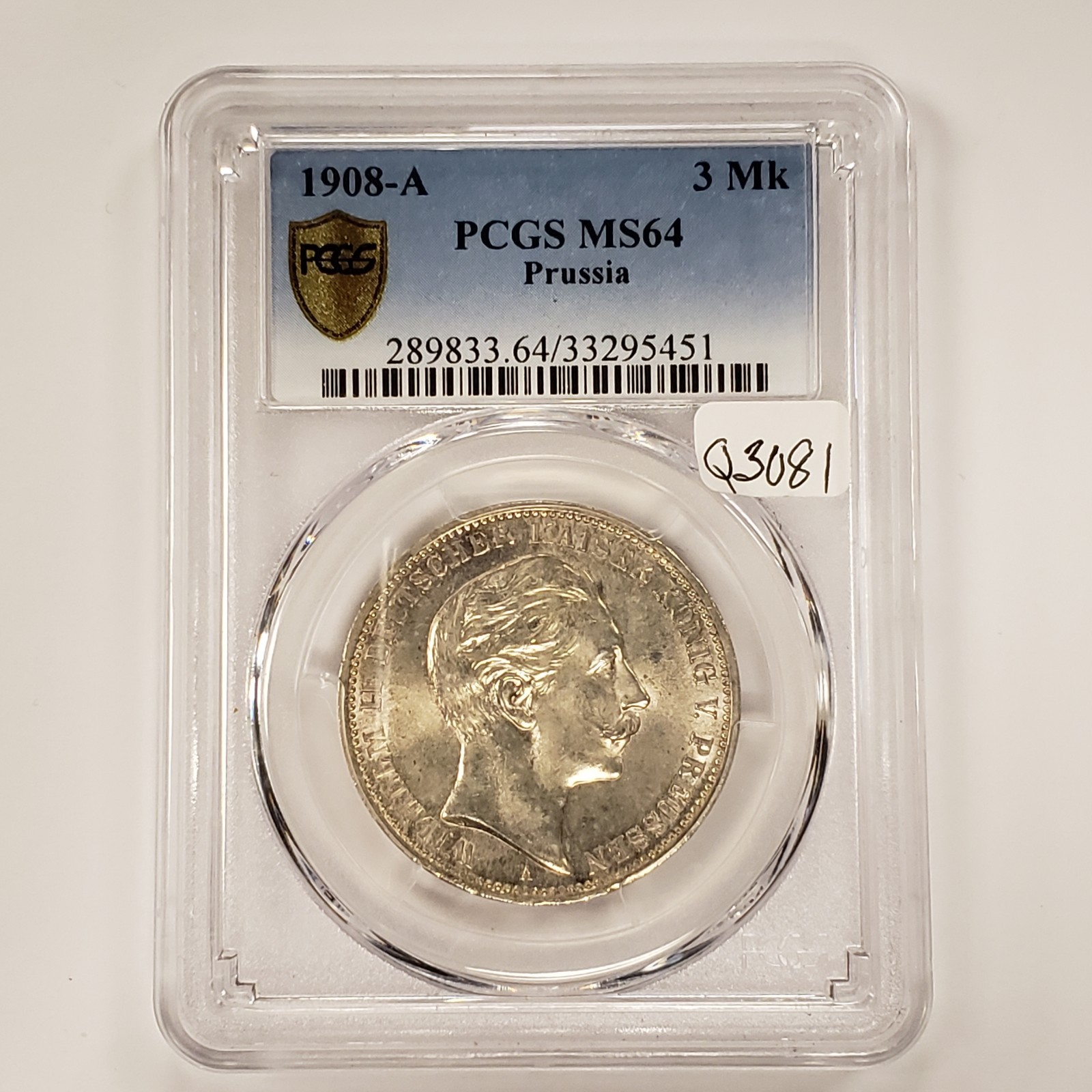 1908-A Germany Prussia 3 Mark  .4823 ASW - PCGS MS 64 - SKU-Q3081