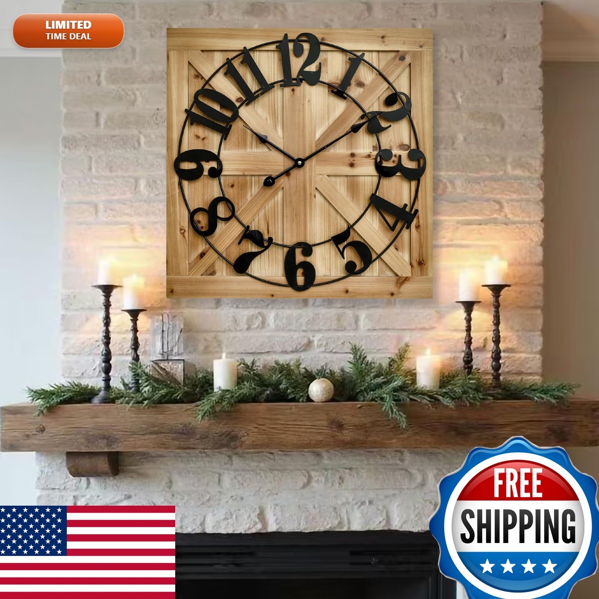 EMAX HOME 24 Inch Brown Square Rustic Wooden Farmhouse Wall Clock EMAX HOME 24 Inch Brown Square Rustic Wooden Farmhouse Wall Clock
