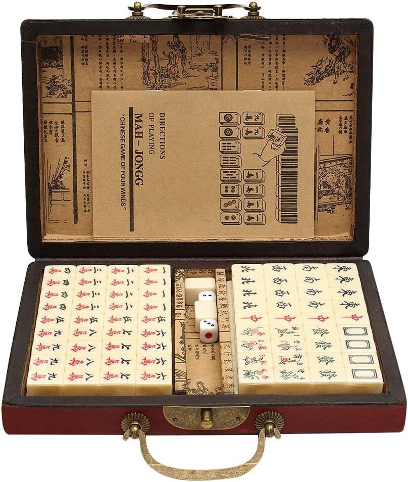 Vintage Chinese Mahjong Set Traditional 144 Tiles Mah-Jong Game Set w/ Case Box