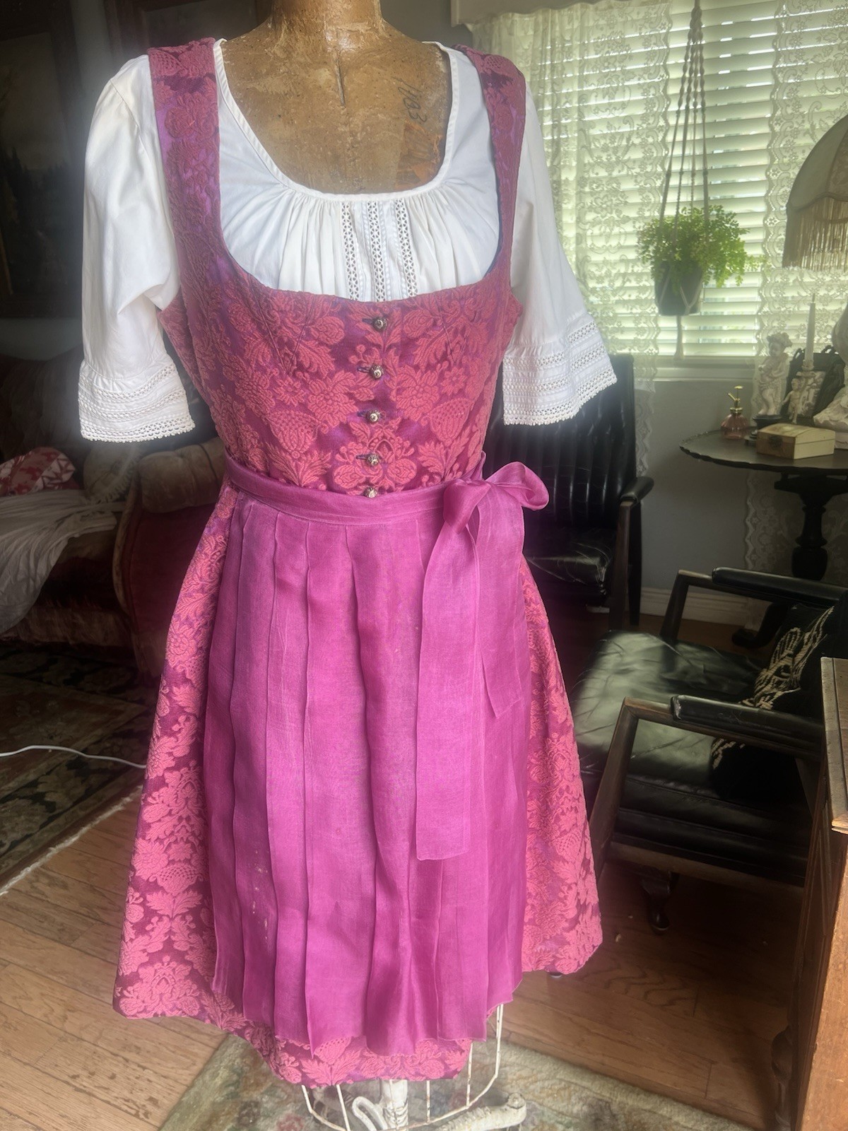 Vintage 60s Burgundy Dirndl Trachten Dress  Blouse Apron Oktoberfest EU 44 M