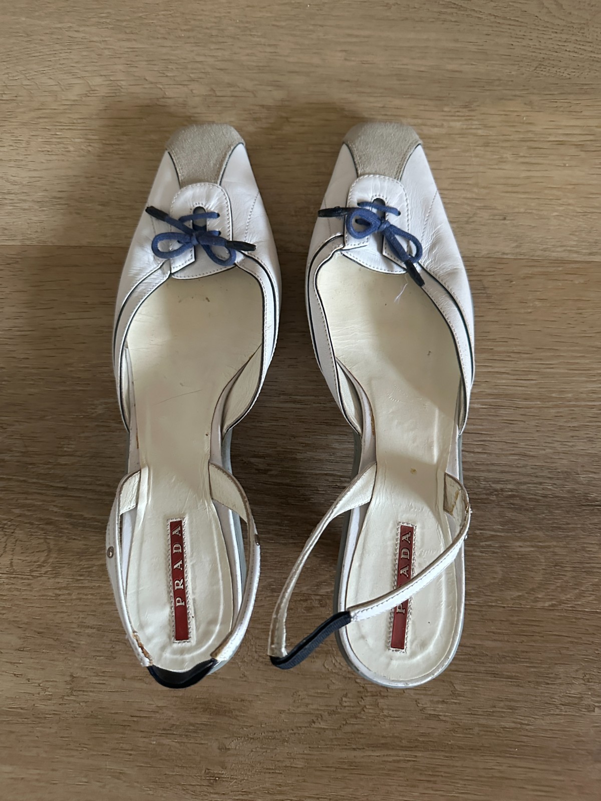 Prada Sport Vintage Y2K Kitten Heels White Leather Grey Suede w/ Bow sz 39 / 8.5