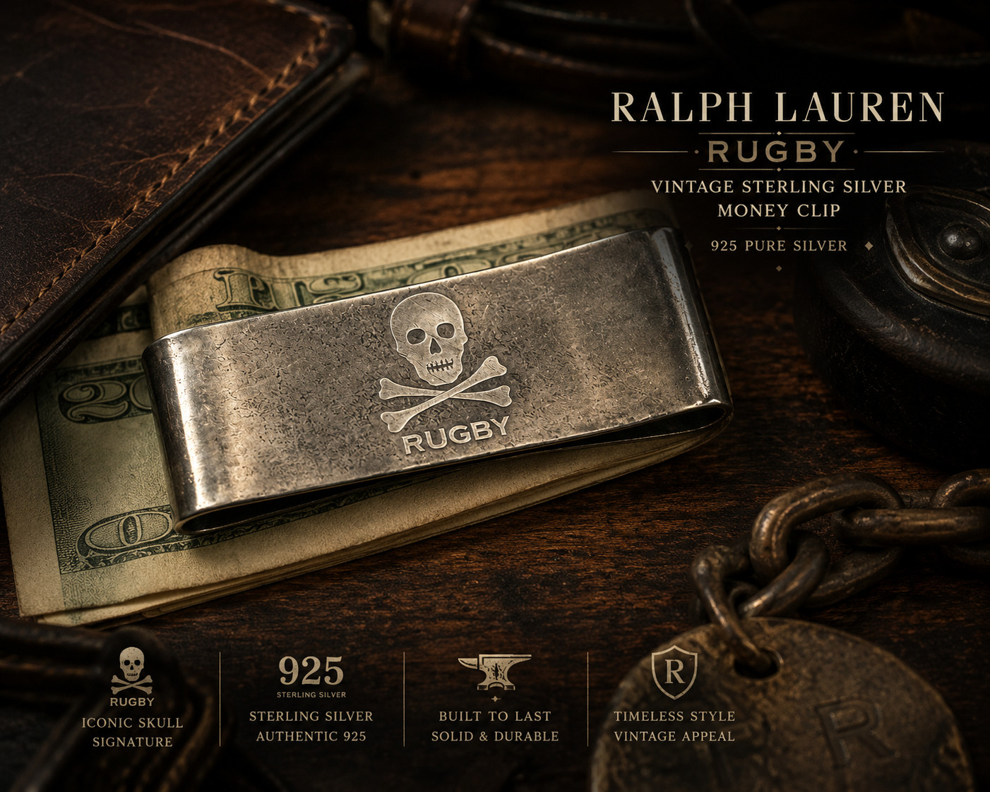 Ralph Lauren Ruby Rare Vintage Skull Crossbones Sterling Silver .925 Money Clip