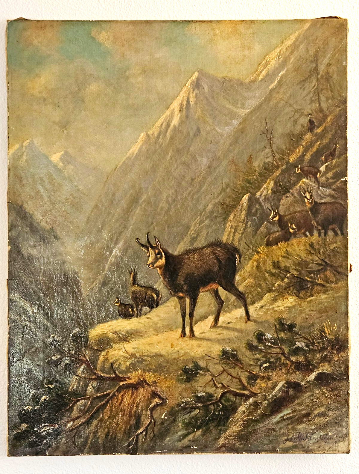 Antique c1880s Julius Richter Munich Oil Painting Alpine Chamois German School