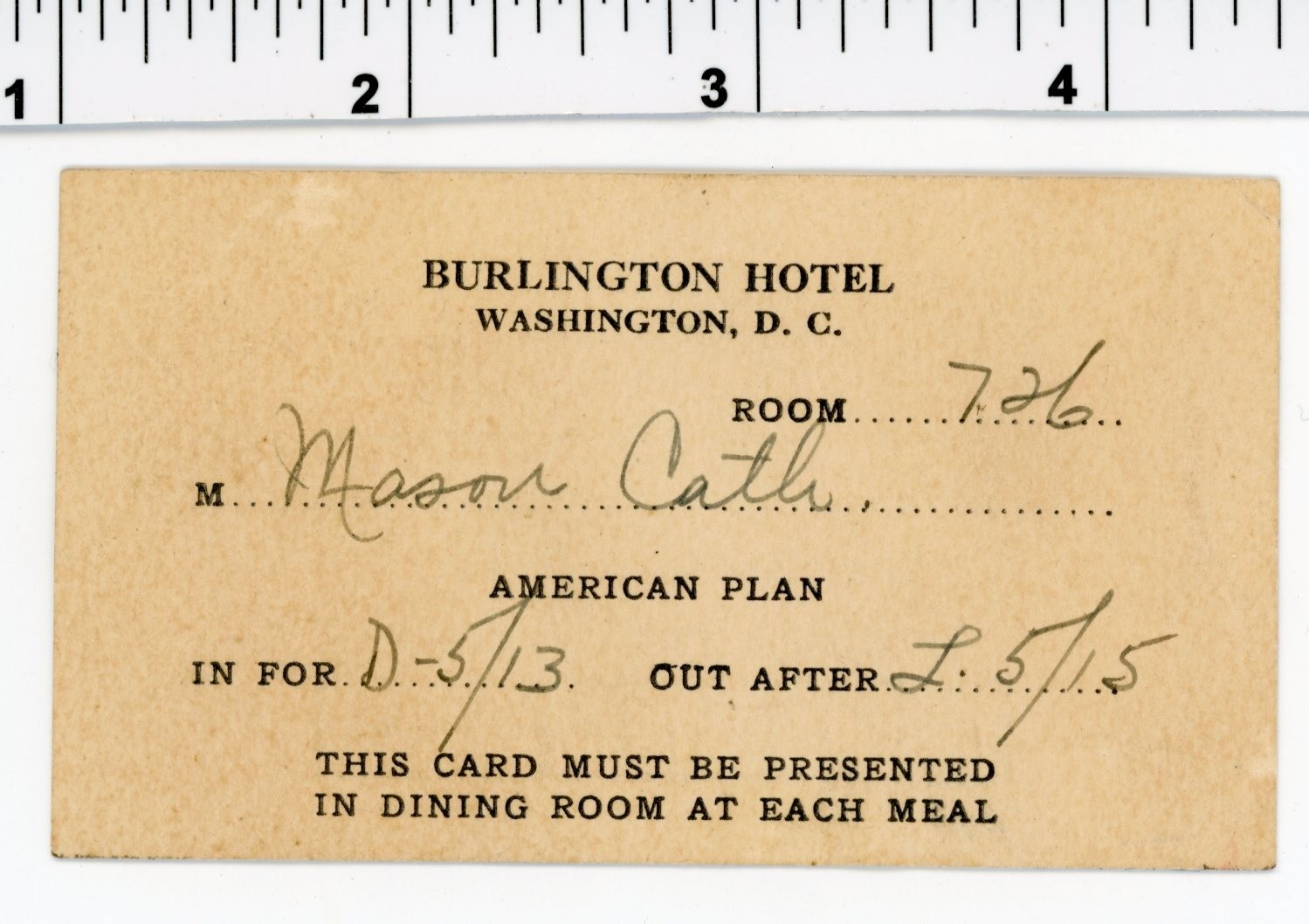 Vintage 1920's Waiter's CARD / Washington DC BURLINGTON HOTEL Dining Room MASON Vintage 1920's Waiter's CARD / Washington DC BURLINGTON HOTEL Dining Room MASON