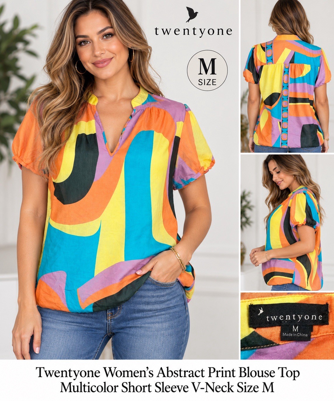 Twentyone Women’s Abstract Print Blouse Top Multicolor Short Sleeve V-neck 