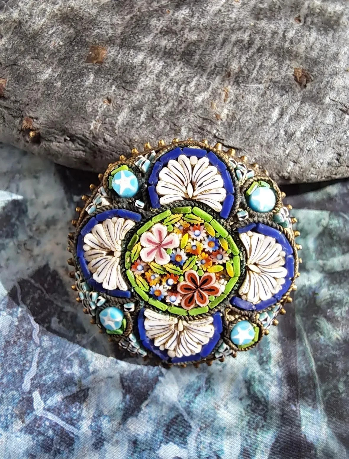 Antique Italian Micro Mosaic Floral Jewelry Cobalt Blue Glass 1890-1940