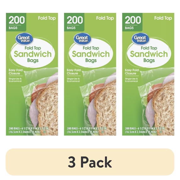 (3 pack) Great Value Sandwich Bags, Fold Top, 200 Count (3 pack) Great Value Sandwich Bags, Fold Top, 200 Count