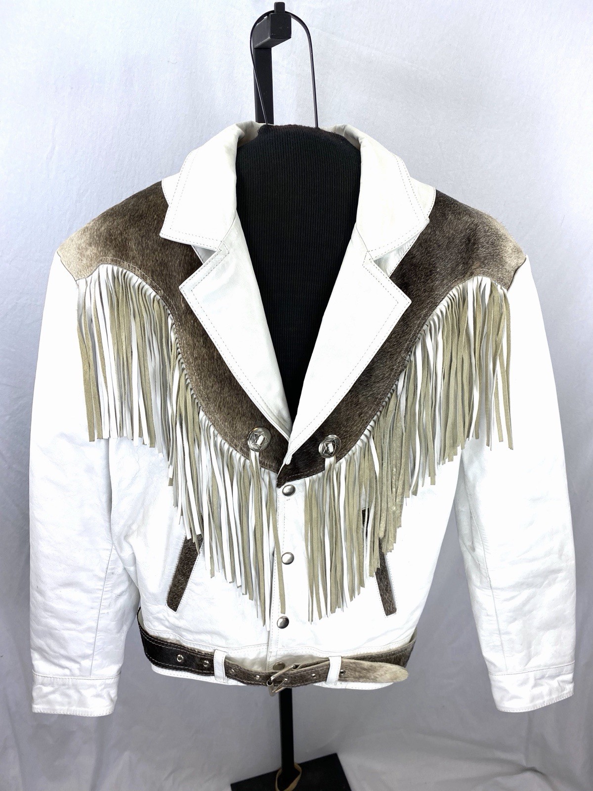 Vtg Originales D’Roan White Leather Fringe Western Cowboy Jacket Hair on Hide 48